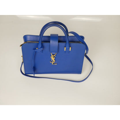 Yves Saint Laurent Blue Leather Small Monogram Cabas Bag