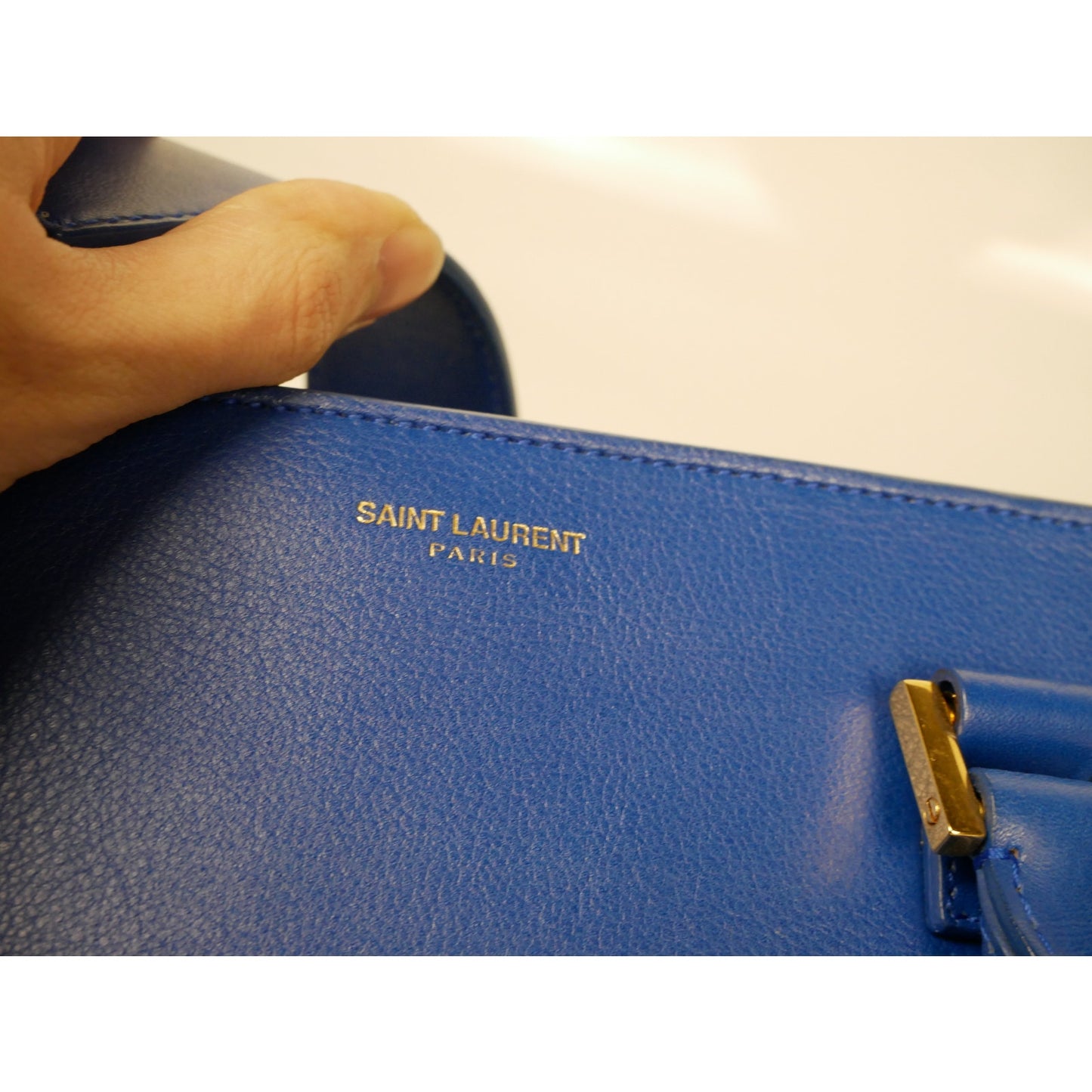 Yves Saint Laurent Blue Leather Small Monogram Cabas Bag