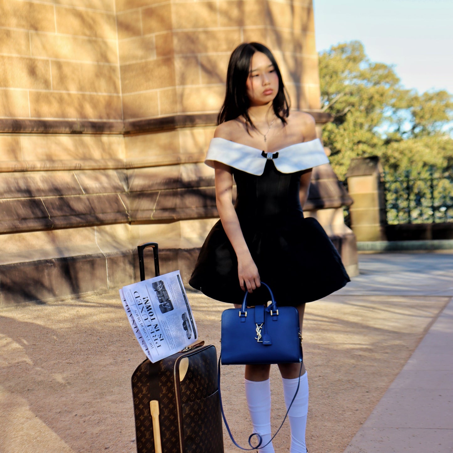 Yves Saint Laurent Blue Leather Small Monogram Cabas Bag