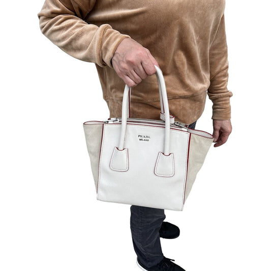 Prada White Leather Trapeze Shoulder Hand Bag
