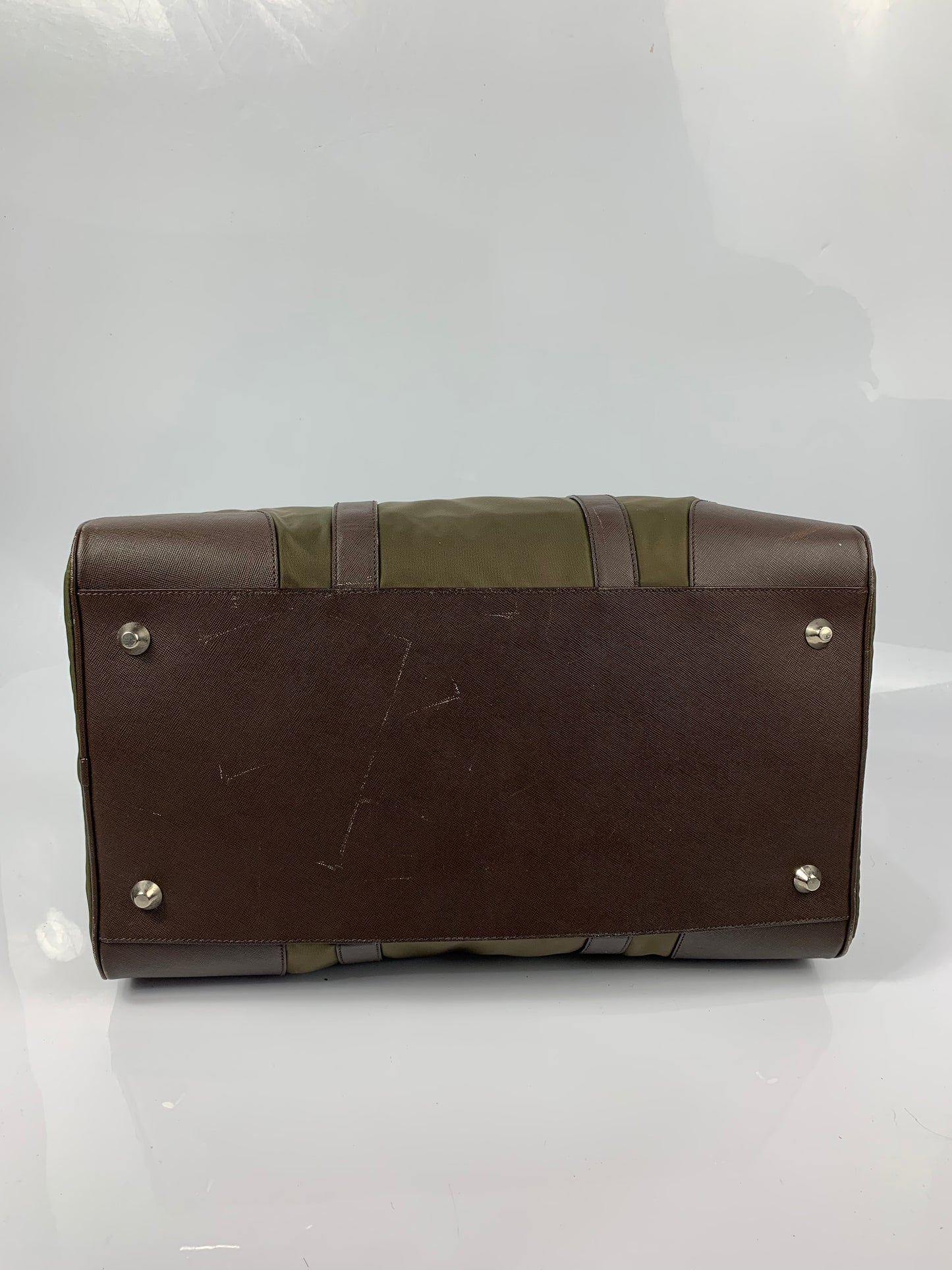 Prada Khaki Green Leather Nylon Saffiano Duffle Bag