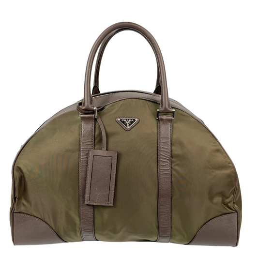 Prada Khaki Green Leather Nylon Saffiano Duffle Bag